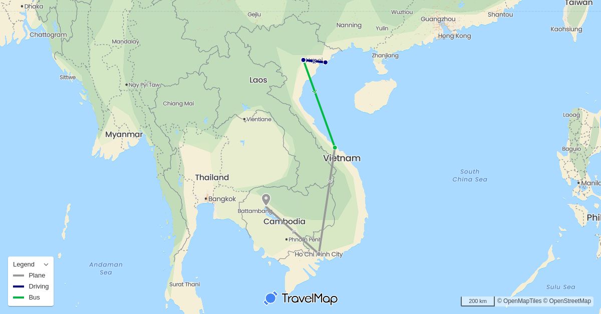 TravelMap itinerary: driving, bus, plane in Cambodia, Vietnam (Asia)